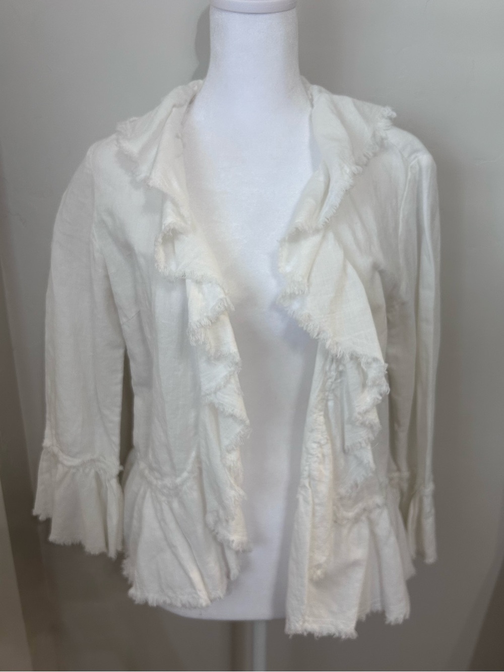 Zara Basic White Ruffle Open-Front Cardigan Cotton & Linen